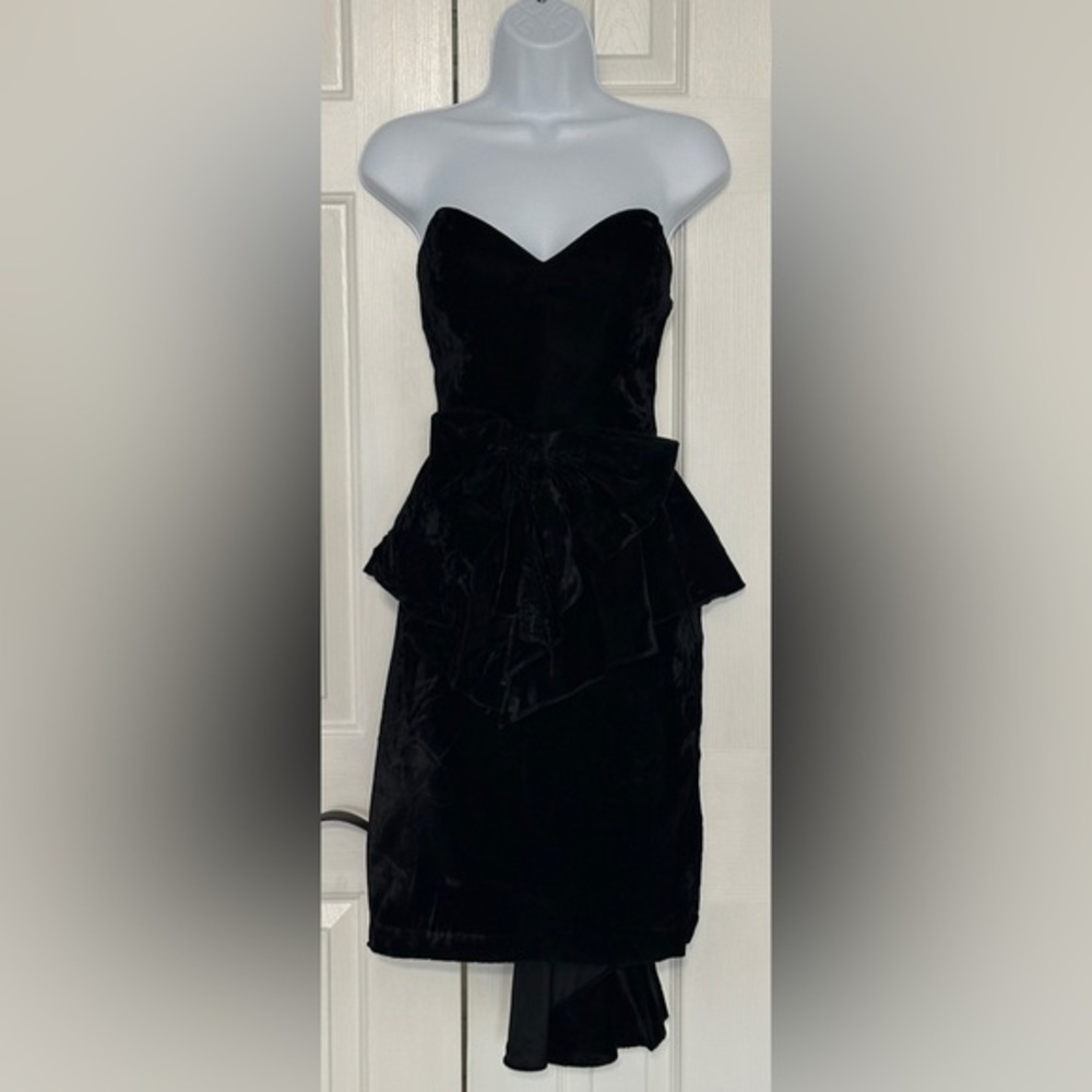 TAD Black Velvet Strapless Dress Small High Low Peplum Bow